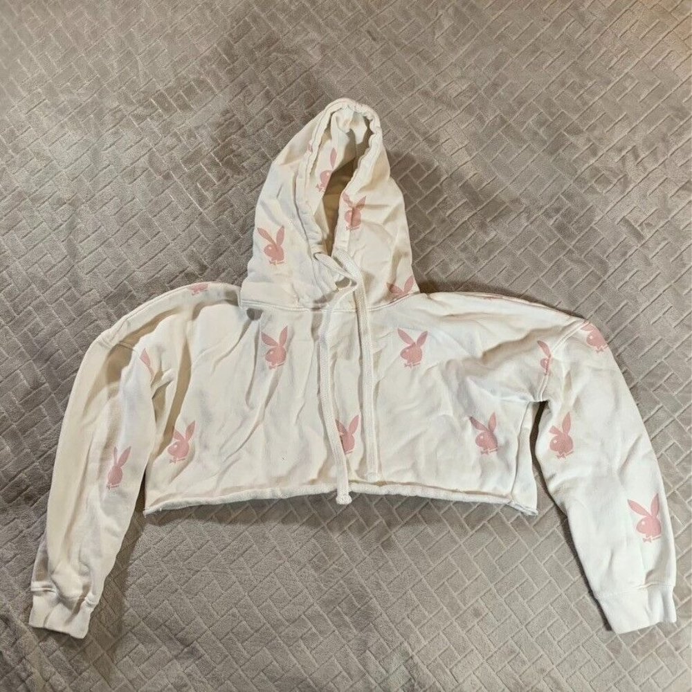 Playboy x Missguided Womens 4 Cropped Hoodie Sweatshirt White Pink Bunny